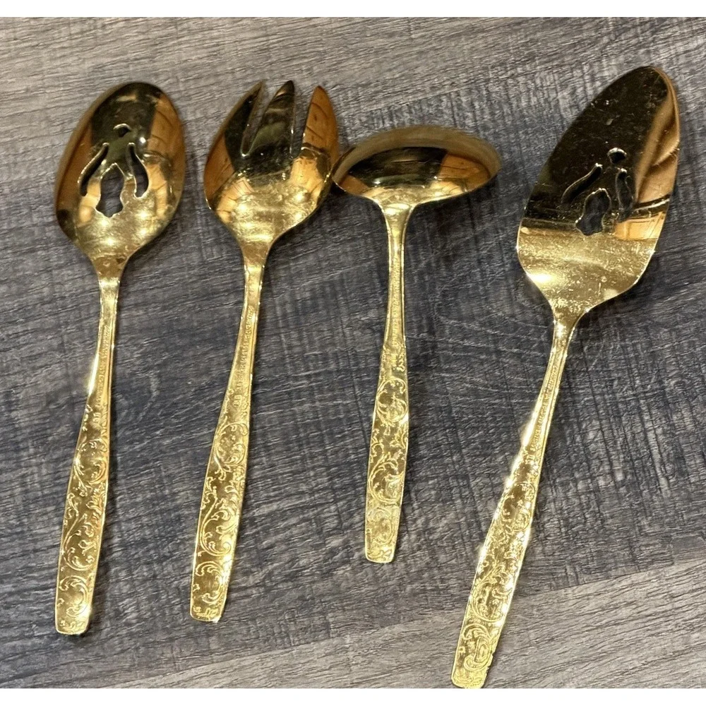 Vtg. Americana Golden Heritage Golden Scroll Serving Set 4 Piece Gold Plated MCM
